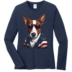 Basenji American Flag USA Tee 4th July Gifts Graphic Tees Ladies Long Sleeve Shirt