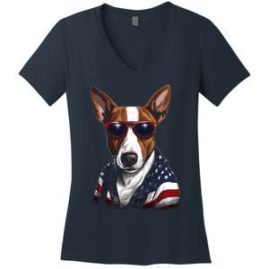 Basenji American Flag USA Tee 4th July Gifts Graphic Tees Women's V-Neck T-Shirt