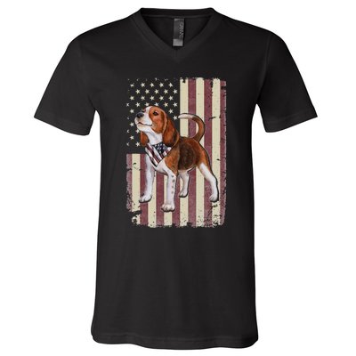 Beagle American Flag Bandana Patriotic 4th Of July V-Neck T-Shirt