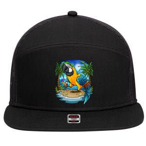 Blue And Gold Macaw Parrot Drinking Margaritas Vacation Bird 7 Panel Mesh Trucker Snapback Hat