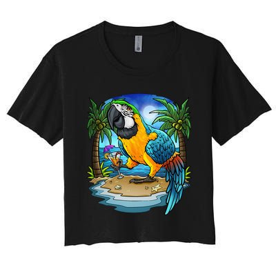 Blue And Gold Macaw Parrot Drinking Margaritas Vacation Bird Women's Crop Top Tee