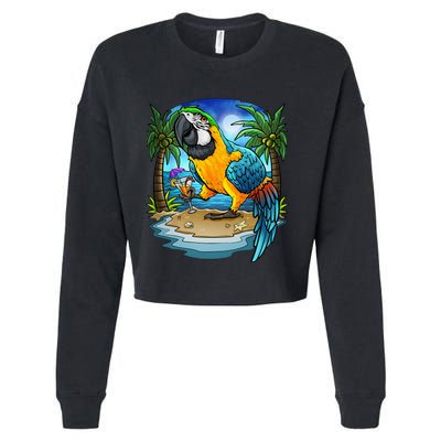 Blue And Gold Macaw Parrot Drinking Margaritas Vacation Bird Cropped Pullover Crew