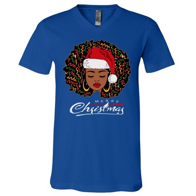 Black African Girl American Melanin Christmas Santa Hat V-Neck T-Shirt