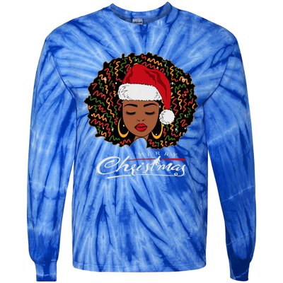 Black African Girl American Melanin Christmas Santa Hat Tie-Dye Long Sleeve Shirt