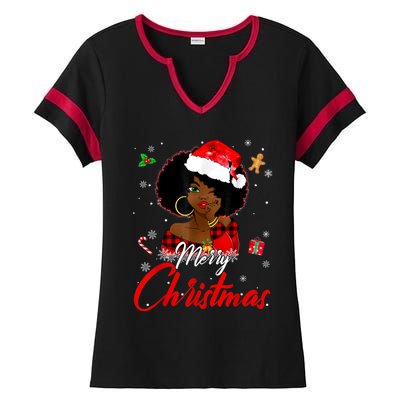 Black African Girl American Melanin Christmas Santa Hat Xmas Ladies Halftime Notch Neck Tee