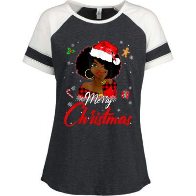 Black African Girl American Melanin Christmas Santa Hat Xmas Enza Ladies Jersey Colorblock Tee