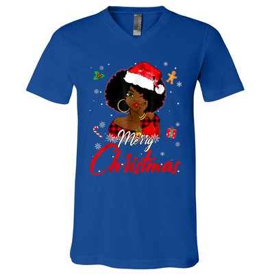 Black African Girl American Melanin Christmas Santa Hat Xmas V-Neck T-Shirt