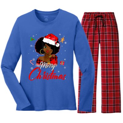 Black African Girl American Melanin Christmas Santa Hat Xmas Women's Long Sleeve Flannel Pajama Set 