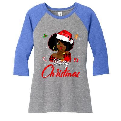 Black African Girl American Melanin Christmas Santa Hat Xmas Women's Tri-Blend 3/4-Sleeve Raglan Shirt