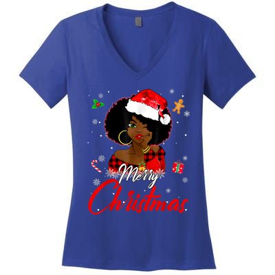 Black African Girl American Melanin Christmas Santa Hat Xmas Women's V-Neck T-Shirt