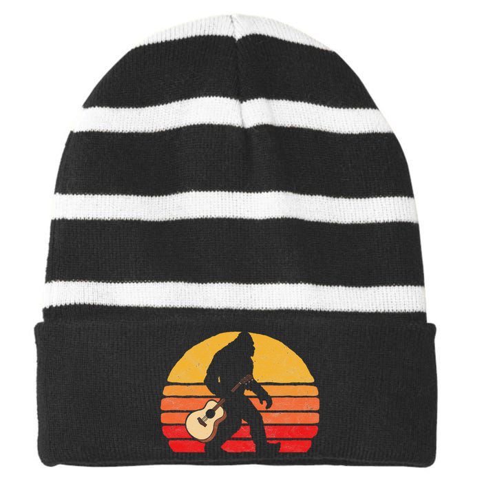 Bigfoot & Acoustic Guitar Country Rock Bluegrass Music Striped Beanie with Solid Band