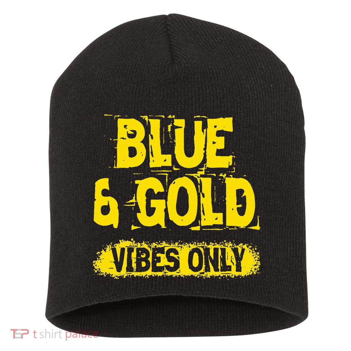 Blue And Gold Vibes Only School Tournament Team Cheerleaders Short Acrylic Beanie