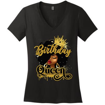 Birthday Afro Girl Melanin Queen African American  Women's V-Neck T-Shirt