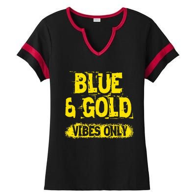 Blue And Gold Vibes Only School Tournament Team Cheerleaders Ladies Halftime Notch Neck Tee