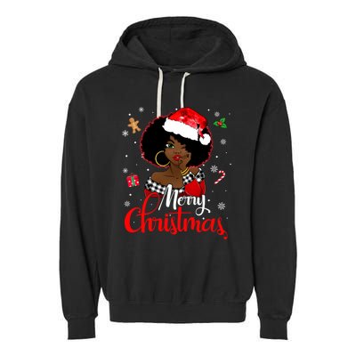 Black African Girl American Melanin Christmas Santa Hat Xmas Garment-Dyed Fleece Hoodie