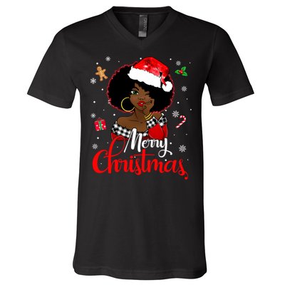 Black African Girl American Melanin Christmas Santa Hat Xmas V-Neck T-Shirt