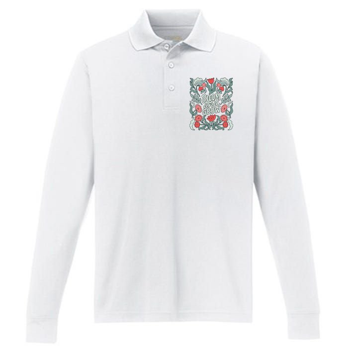 Bloom And Grow Retro Flower Floral Performance Long Sleeve Polo