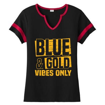 Blue And Gold Vibes Only School Tournament Team Cheerleaders Ladies Halftime Notch Neck Tee