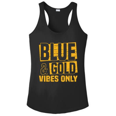 Blue And Gold Vibes Only School Tournament Team Cheerleaders Ladies PosiCharge Competitor Racerback Tank