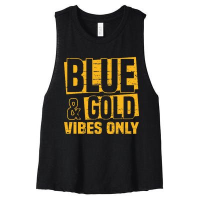 Blue And Gold Vibes Only School Tournament Team Cheerleaders Women's Racerback Cropped Tank