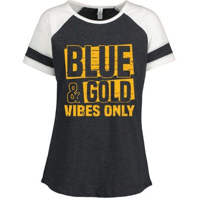 Blue And Gold Vibes Only School Tournament Team Cheerleaders Enza Ladies Jersey Colorblock Tee