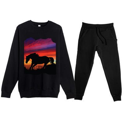 Beautiful Arabian Horse Sunset Silhouette Orange Purple Blue Premium Crewneck Sweatsuit Set