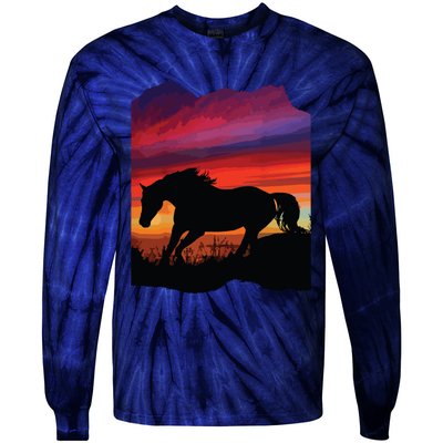 Beautiful Arabian Horse Sunset Silhouette Orange Purple Blue Tie-Dye Long Sleeve Shirt