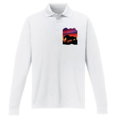 Beautiful Arabian Horse Sunset Silhouette Orange Purple Blue Performance Long Sleeve Polo