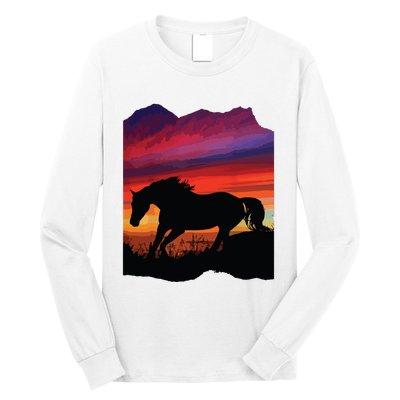 Beautiful Arabian Horse Sunset Silhouette Orange Purple Blue Long Sleeve Shirt