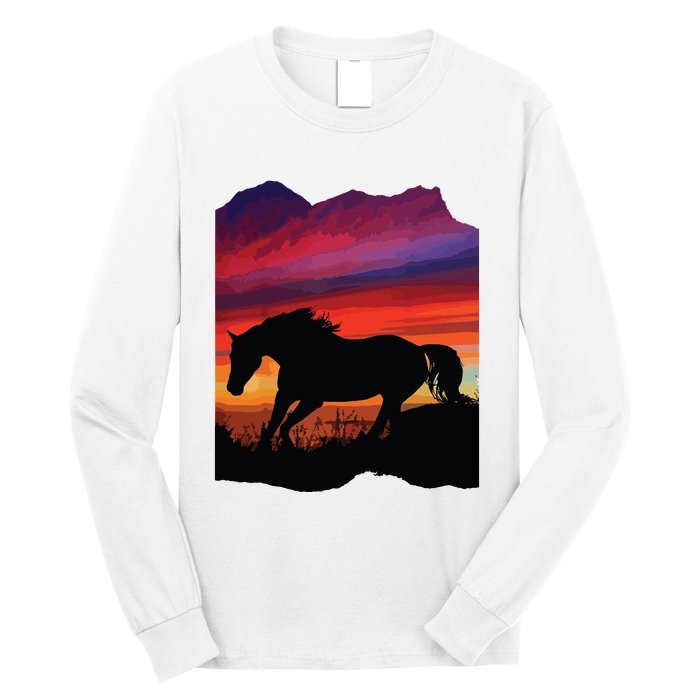 Beautiful Arabian Horse Sunset Silhouette Orange Purple Blue Long Sleeve Shirt