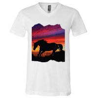 Beautiful Arabian Horse Sunset Silhouette Orange Purple Blue V-Neck T-Shirt