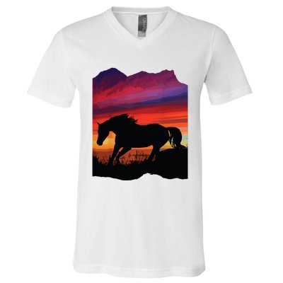 Beautiful Arabian Horse Sunset Silhouette Orange Purple Blue V-Neck T-Shirt