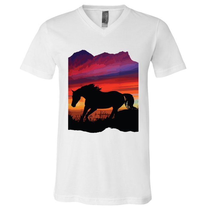 Beautiful Arabian Horse Sunset Silhouette Orange Purple Blue V-Neck T-Shirt