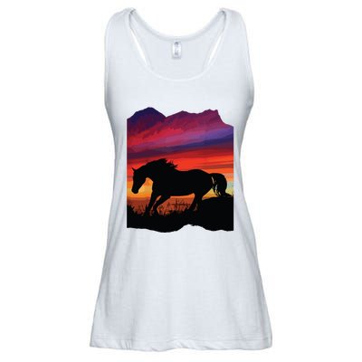 Beautiful Arabian Horse Sunset Silhouette Orange Purple Blue Ladies Essential Flowy Tank