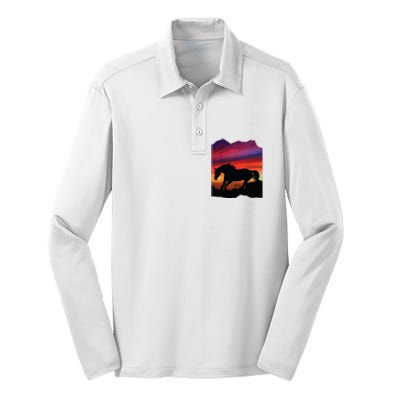 Beautiful Arabian Horse Sunset Silhouette Orange Purple Blue Silk Touch Performance Long Sleeve Polo