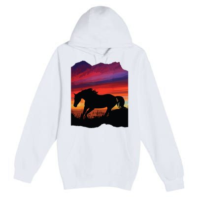 Beautiful Arabian Horse Sunset Silhouette Orange Purple Blue Premium Pullover Hoodie