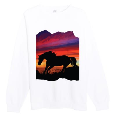 Beautiful Arabian Horse Sunset Silhouette Orange Purple Blue Premium Crewneck Sweatshirt