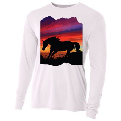 Beautiful Arabian Horse Sunset Silhouette Orange Purple Blue Cooling Performance Long Sleeve Crew