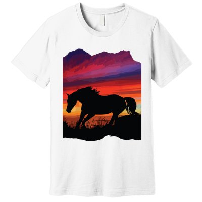 Beautiful Arabian Horse Sunset Silhouette Orange Purple Blue Premium T-Shirt