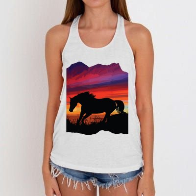 Beautiful Arabian Horse Sunset Silhouette Orange Purple Blue Women's Knotted Racerback Tank