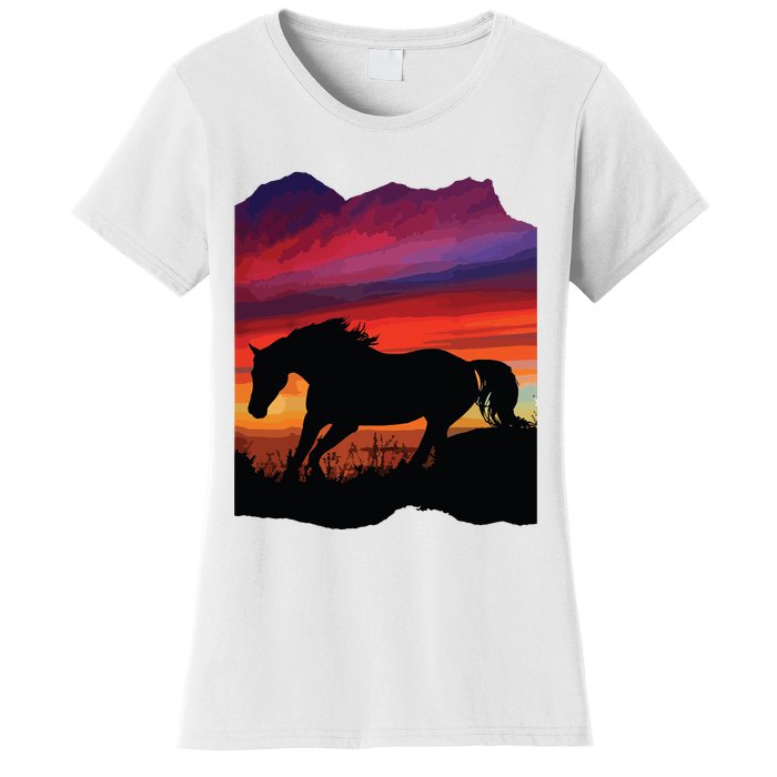 Beautiful Arabian Horse Sunset Silhouette Orange Purple Blue Women's T-Shirt