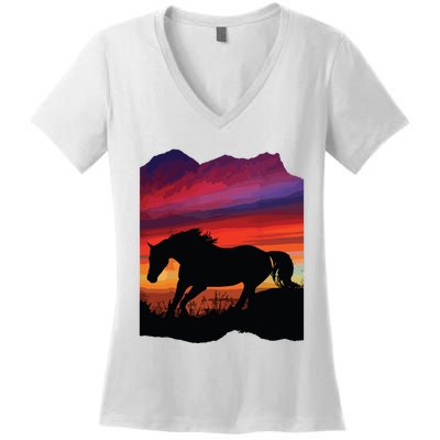 Beautiful Arabian Horse Sunset Silhouette Orange Purple Blue Women's V-Neck T-Shirt