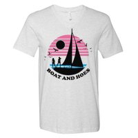 Boats And Hoes Retro Sunset Funny V-Neck T-Shirt