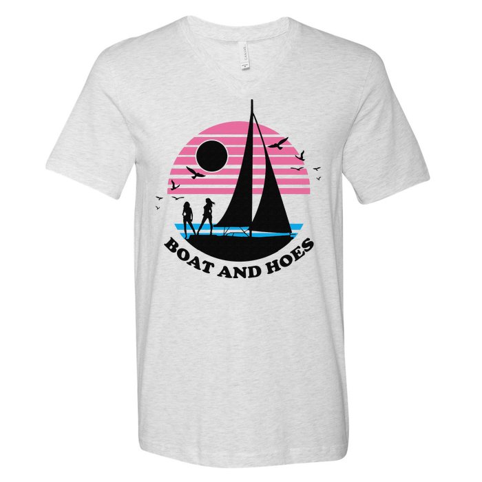 Boats And Hoes Retro Sunset Funny V-Neck T-Shirt