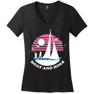 Boats And Hoes Retro Sunset Funny Women's V-Neck T-Shirt