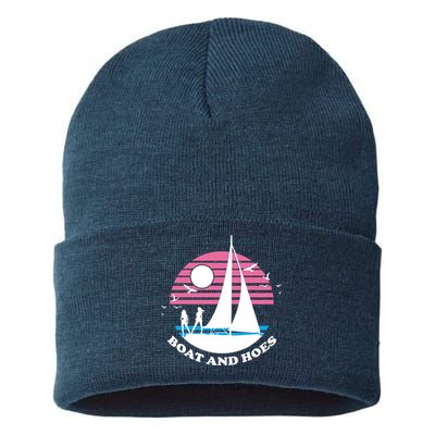 Boats And Hoes Retro Sunset Funny Sustainable Knit Beanie