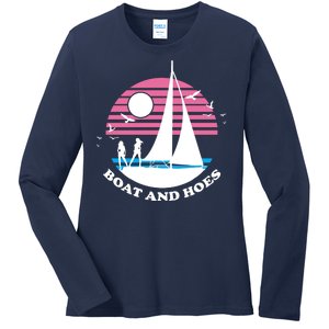 Boats And Hoes Retro Sunset Funny Ladies Long Sleeve Shirt