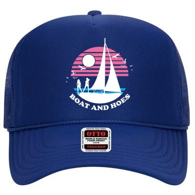 Boats And Hoes Retro Sunset Funny High Crown Mesh Back Trucker Hat