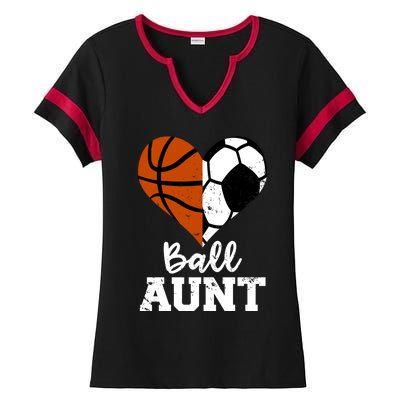 Ball Aunt Heart Funny Soccer Basketball Aunt Gift Ladies Halftime Notch Neck Tee