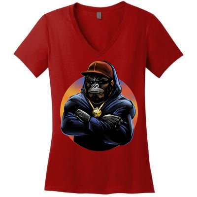 Bad Ass Hip Hop Monkey Women's V-Neck T-Shirt